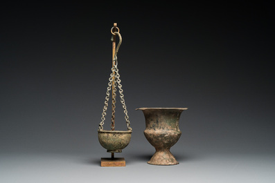 A Byzantine or Roman bronze vase and a hanging incense burner, 5/7th C.