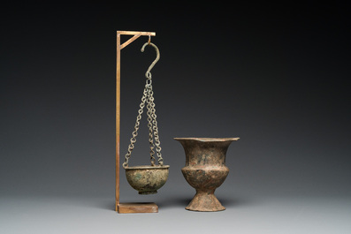 A Byzantine or Roman bronze vase and a hanging incense burner, 5/7th C.