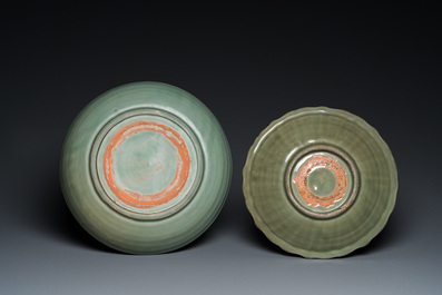 Two Chinese Longquan celadon dishes with underglaze design, Ming