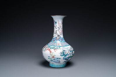 A Chinese Canton enamel vase, a box and cover and a 'dragon' dish, Qianlong and later