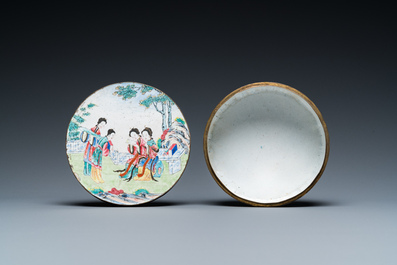 A Chinese Canton enamel vase, a box and cover and a 'dragon' dish, Qianlong and later