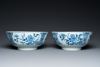 A pair of Chinese blue and white bowls, a pair of plates and a pair of verte biscuit groups, Kangxi/Qianlong