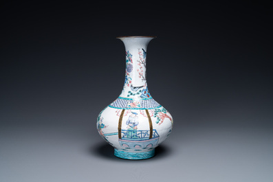 A Chinese Canton enamel vase, a box and cover and a 'dragon' dish, Qianlong and later