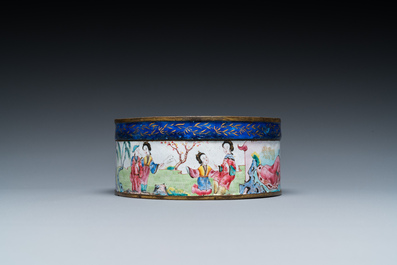 A Chinese Canton enamel vase, a box and cover and a 'dragon' dish, Qianlong and later