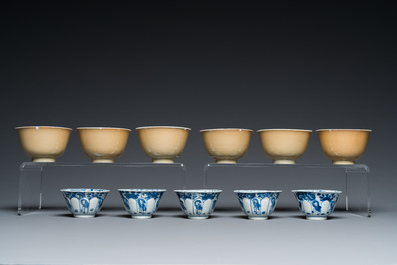 Eleven Chinese blue and white cups and ten saucers, Kangxi