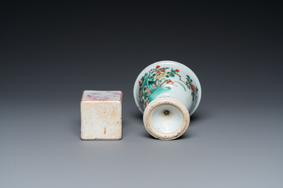 A Chinese famille verte stem cup, a famille rose 'mandarin' sander and a knife handle, Kangxi/Qianlong