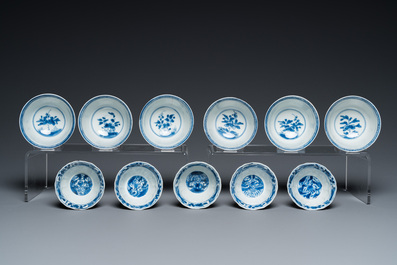 Eleven Chinese blue and white cups and ten saucers, Kangxi