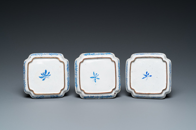 A Chinese Canton enamel tea caddy and four small dishes, 19th C.