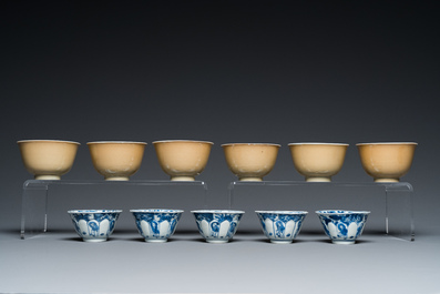 Eleven Chinese blue and white cups and ten saucers, Kangxi