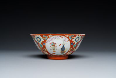 A Chinese famille rose coral-ground bowl, Yongzheng mark, Republic