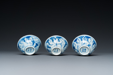 Three Chinese blue and white 'grapevine' bowls, Yongzheng mark and of the period