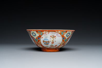 A Chinese famille rose coral-ground bowl, Yongzheng mark, Republic