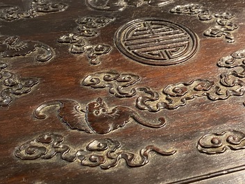 A Chinese partly zitan wood 'Five bats and Shou' box and cover, Qing