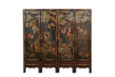 A Chinese painted wooden four-panel room divider, Qing