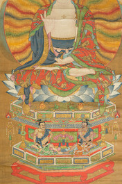 Ecole chinoise: 'Bouddha assis sur tr&ocirc;ne de lotus', encre et couleurs sur papier, 18&egrave;me