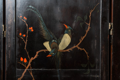 A Chinese painted wooden four-panel room divider, Qing