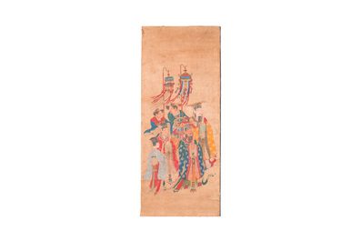 Ecole chinoise: 'Procession de divinit&eacute;s', encre et couleurs sur soie, Qing