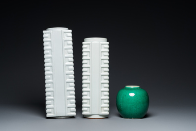 Two Chinese white-glazed 'cong' vases and an apple green jar, 19/20th C.