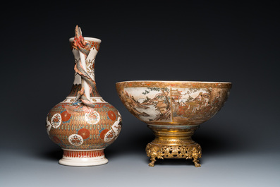 A Japanese Satsuma ewer and a bowl on gilt bronze foot, Meiji, 19th C.