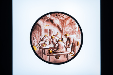 A painted glass roundel with 'The Backgammon-players' after Adriaen van Ostade, Southern Netherlands, 17/18th C.