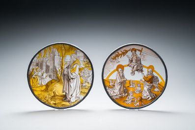 Twee beschilderde glazen medaillons met 'Het Laatste Oordeel' &amp; 'Abraham die Sodom ziet branden', Zuidelijke Nederlanden, wellicht 19e eeuw