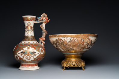 A Japanese Satsuma ewer and a bowl on gilt bronze foot, Meiji, 19th C.