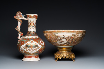 A Japanese Satsuma ewer and a bowl on gilt bronze foot, Meiji, 19th C.