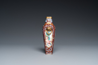 A square Chinese Canton enamel vase with Europeans, Qianlong mark and probably of the period