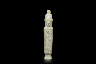 A Chinese reticulated celadon jade vase and cover, Republic