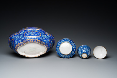 A Chinese blue-ground Canton enamel basin and a covered bowl on stand, Qianlong/Jiaqing