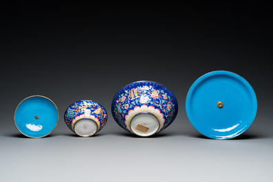 Two Chinese blue-ground Canton enamel bowls and covers, Qianlong/Jiaqing