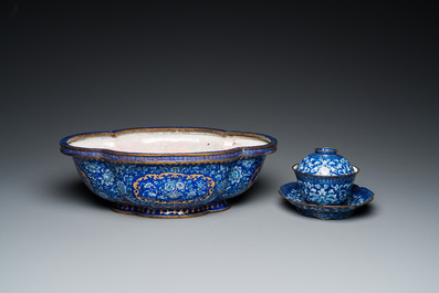 A Chinese blue-ground Canton enamel basin and a covered bowl on stand, Qianlong/Jiaqing