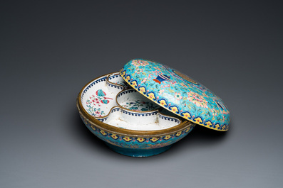 A Chinese Canton enamel spice box and cover with interior compartment, Qianlong