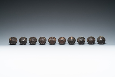 20 Chinese coconut 'Shou' cups in wooden presentation boxes, 19/20th C.