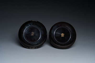 A pair of Chinese Fuzhou or Foochow lacquer brush washers and five bowls, Shen Shao An and Hip Sang, Republic