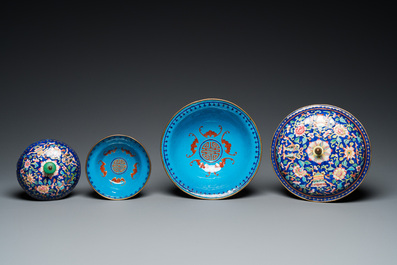 Two Chinese blue-ground Canton enamel bowls and covers, Qianlong/Jiaqing