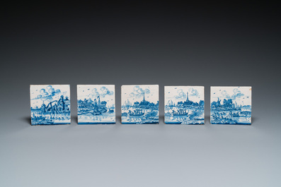 Nine blue and white Dutch Delft tiles with continuous landscape scenes, 18th C.