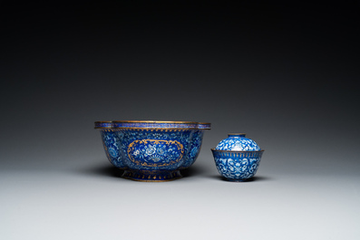 A Chinese blue-ground Canton enamel basin and a covered bowl on stand, Qianlong/Jiaqing