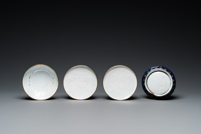 Two Chinese Canton enamel dishes, a ewer, a mirror handle and a stacking box, 18/19th C.