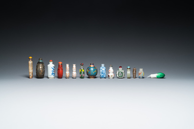 15 Chinese snuff bottles, mostly porcelain, hardstone and glass, 19/20th C.