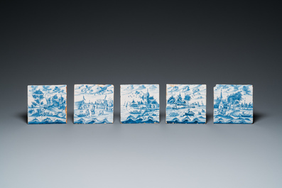 25 blue and white Dutch Delft tiles with continuous landscape scenes, 18th C.