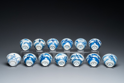 13 Chinese blue and white 'rabbit hunt' cups and 10 saucers, Qianlong mark, 19th C.