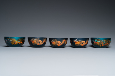 Cinq bols et une paire de lave-pinceaux en laque de Fuzhou ou Foochow, Shen Shao An et Hip Sang, R&eacute;publique