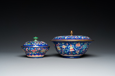 Two Chinese blue-ground Canton enamel bowls and covers, Qianlong/Jiaqing