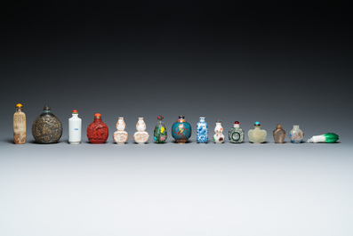 15 Chinese snuff bottles, mostly porcelain, hardstone and glass, 19/20th C.