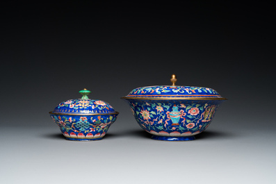 Two Chinese blue-ground Canton enamel bowls and covers, Qianlong/Jiaqing