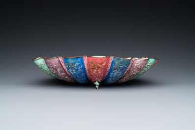 A Chinese Canton enamel shell-shaped basin and a helmet-shaped ewer, Qianlong