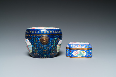 Two Chinese Canton enamel boxes and covers and a plaque, 19/20th C.