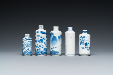 Five Chinese blue and white snuff bottles, 19th C.