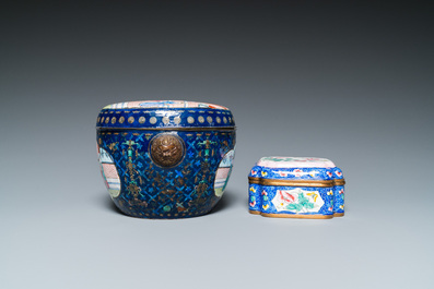 Two Chinese Canton enamel boxes and covers and a plaque, 19/20th C.